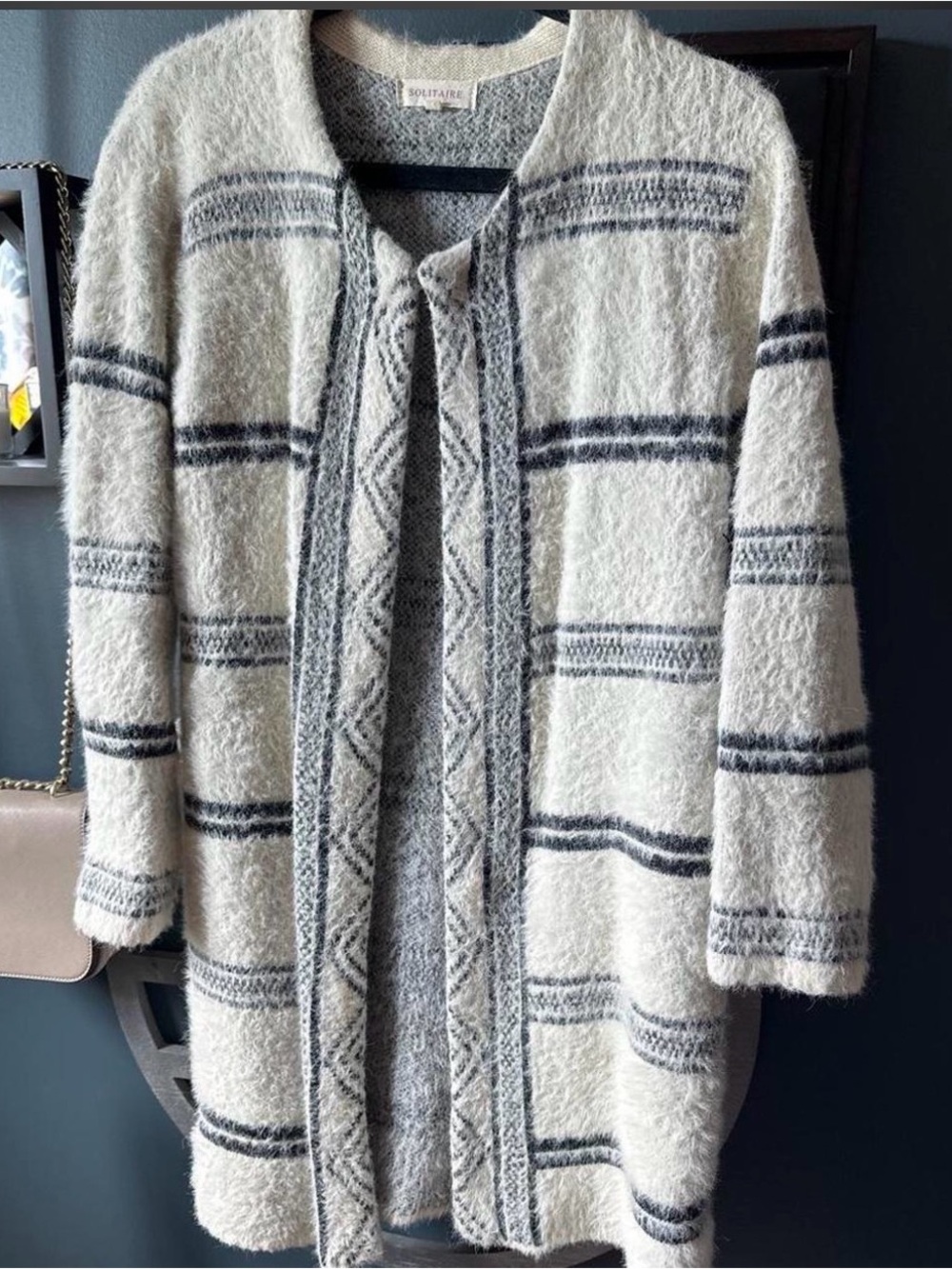 Solitaire Cream and Black Fuzzy Knit Sweater